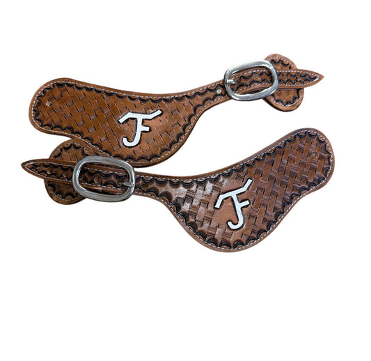 Hand tooled and painted Custom Brand spur straps basketweave.