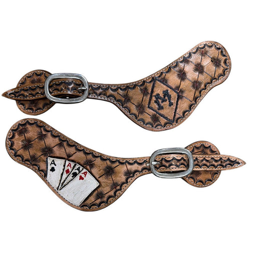 Hand tooled and painted deck of cards and initials spur straps