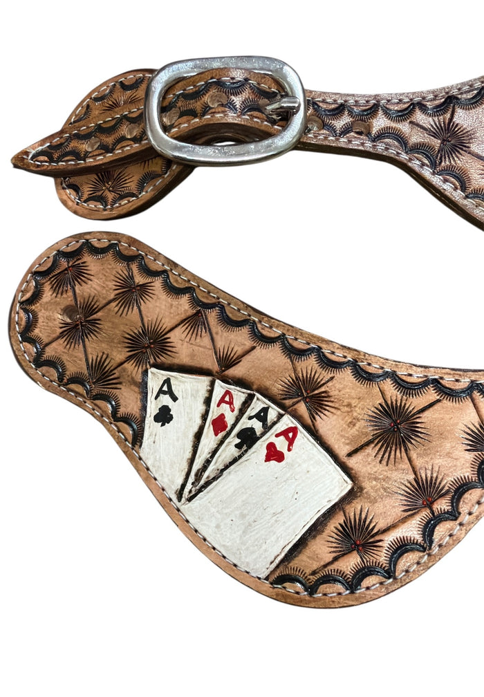 Hand tooled and painted deck of cards and initials spur straps