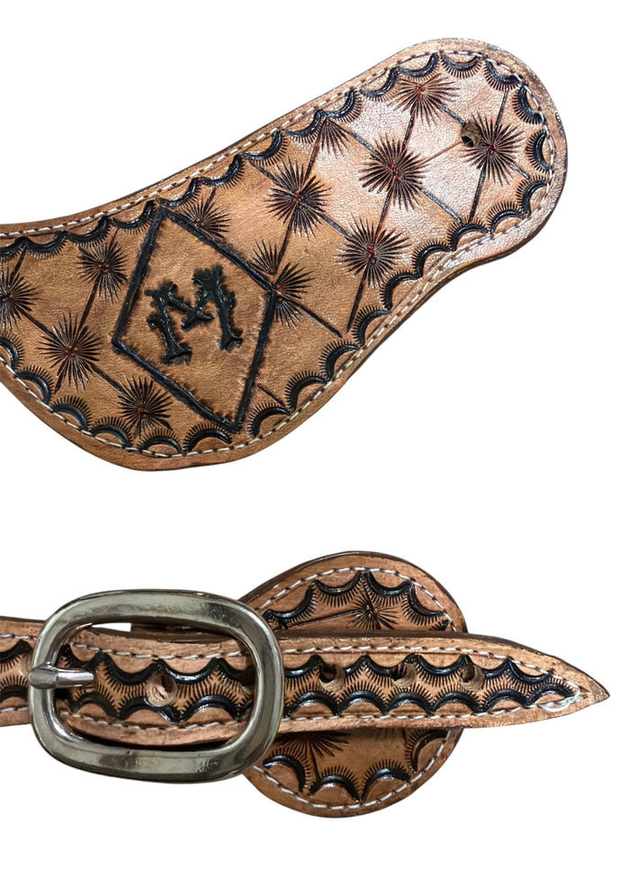 Hand tooled and painted deck of cards and initials spur straps