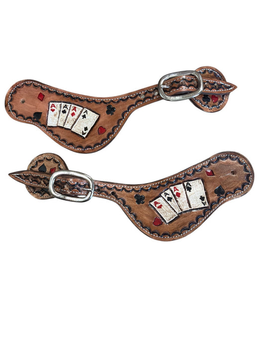 Hand tooled and painted deck of cards spur straps