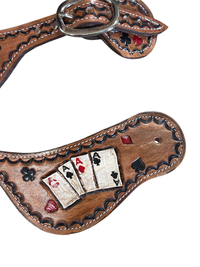 Hand tooled and painted deck of cards spur straps