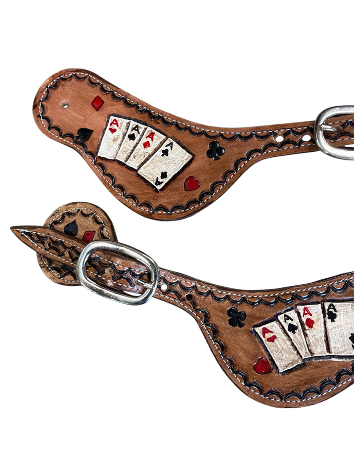 Hand tooled and painted deck of cards spur straps