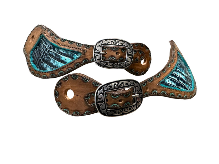 Hand tooled and painted spur straps with your custom wording stamped