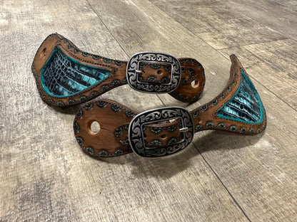 Hand tooled and painted spur straps with your custom wording stamped