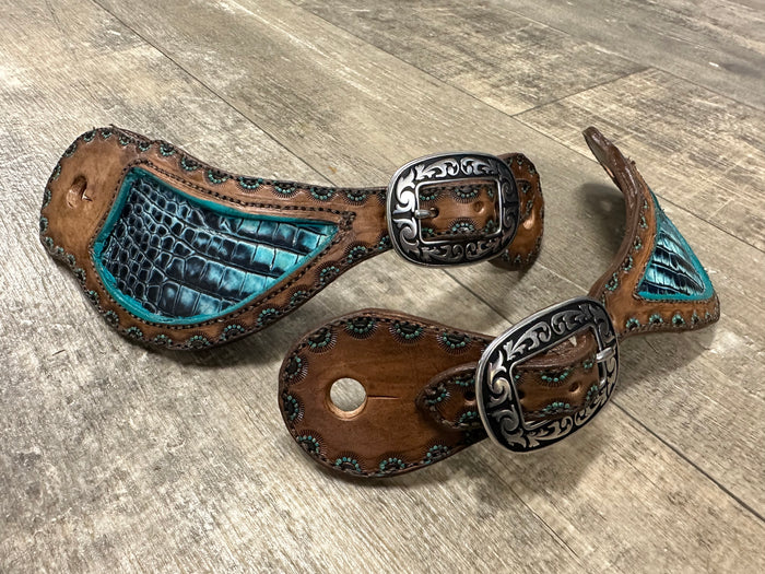 Hand tooled and painted spur straps with your custom wording stamped