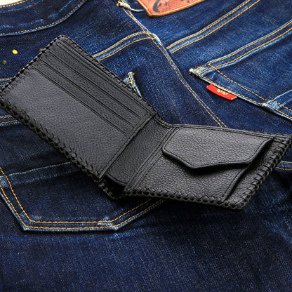 The open interior of the men's black leather wallet, showing the card slots and secure coin pocket.