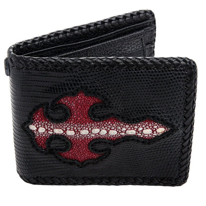 The front of the handmade exotic leather biker wallet with a bold red stingray cross on a white background.