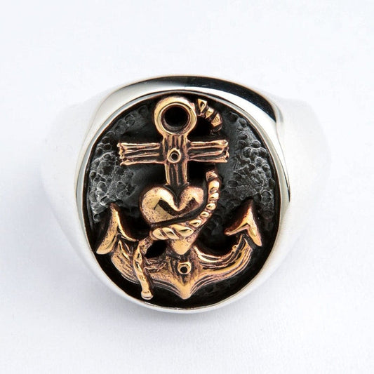 Mens anchor signet ring top view showing detailed brass anchor and heart craftsmanship