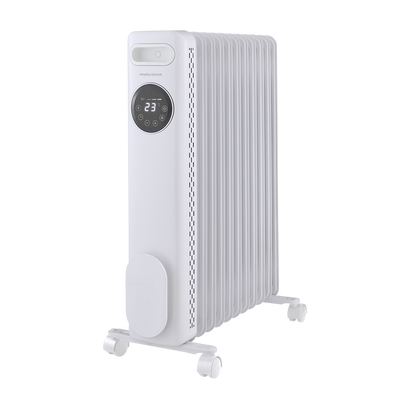 White electric radiator with digital display on a white background