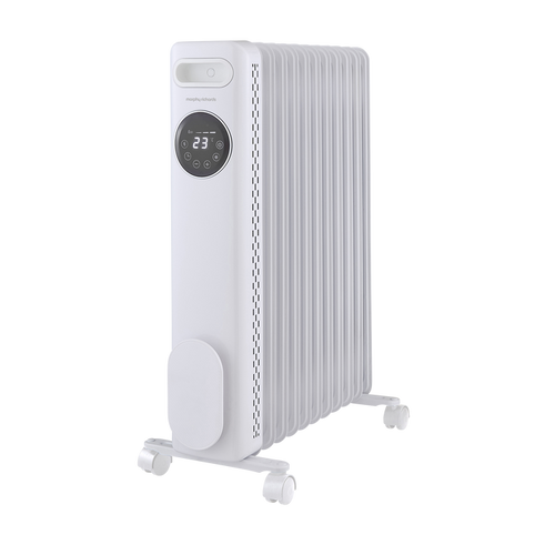 White electric radiator with digital display on a white background