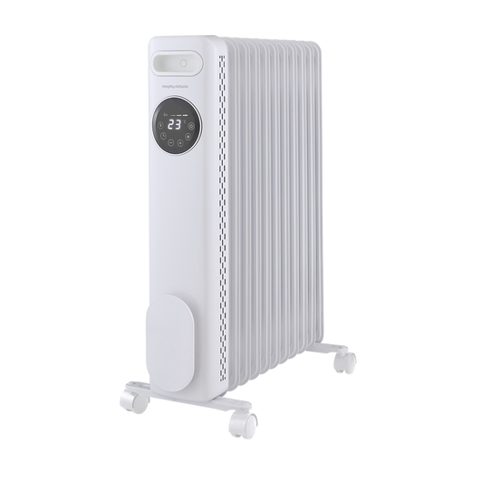 White electric radiator with digital display on a white background