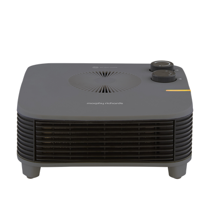 Black electric heater with branding on a white background