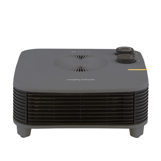 Black electric heater with branding on a white background