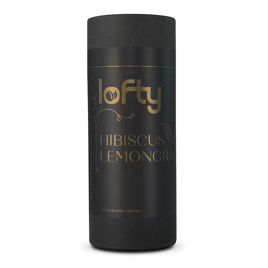 Front view of Black Lofty tea canister labeled Hibiscus Lemongrass