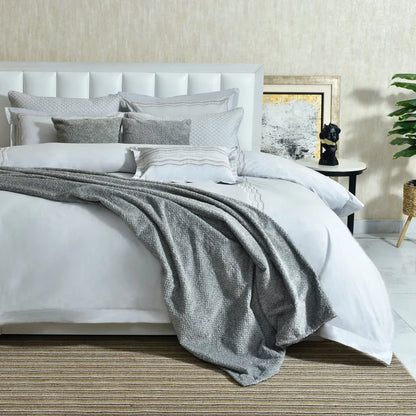 Pearl gray 7-piece duvet cover set with stitched duvet, shams, and striped throw