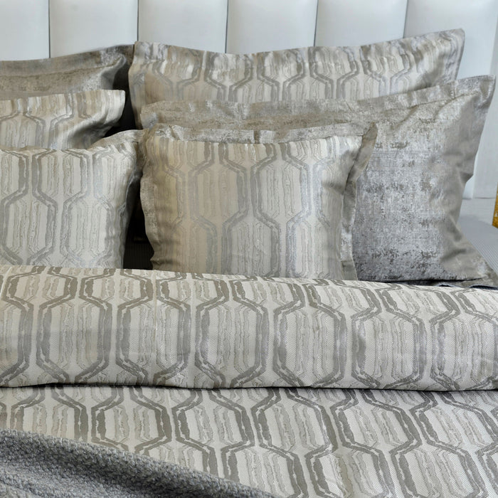 Charcoal gray bedding set with geometric damask pattern and multiple matching pillow shams