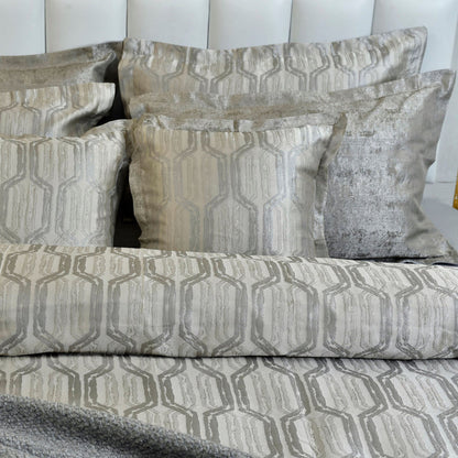 Charcoal gray bedding set with geometric damask pattern and multiple matching pillow shams