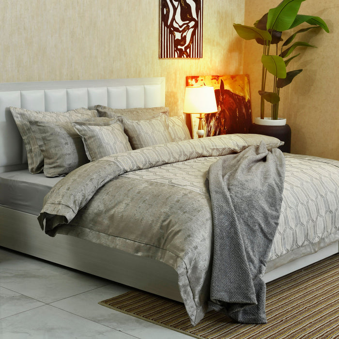 8-piece charcoal gray duvet cover set with textured geometric pattern and matching pillowcases