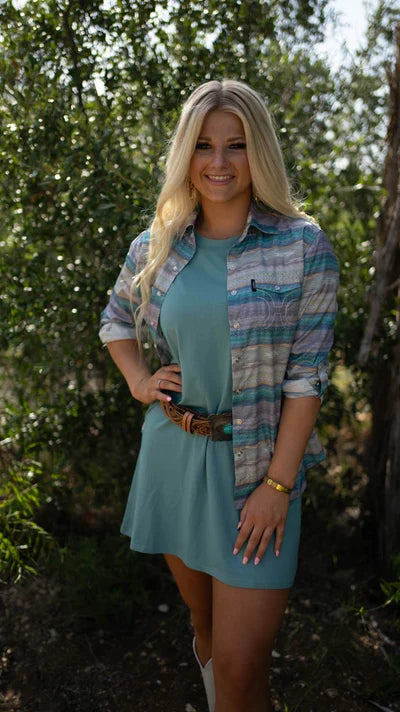 Hooey Women's Bamboo Pocket T-Shirt Dress in Teal