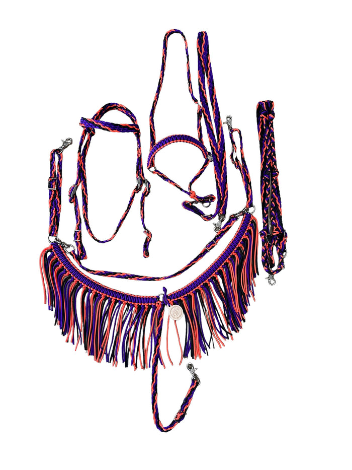 horse tack set,  (fringe breast collar, tie down set, wither strap, reins, and bridle)