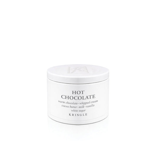 Candle tin of Kringle Hot Chocolate scent on a white background
