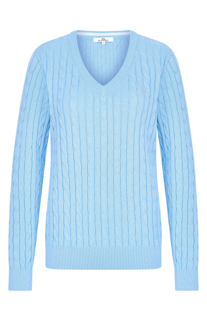 Front view of HV Society HVSAva Light Blue Jumper with cable knit design by HV Society shop at Dotique