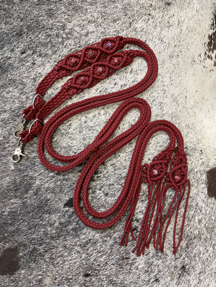Fancy braided split reins in crimson with European painted glass beads...beautiful yet practical - Tiffanys Braided Tack LLC