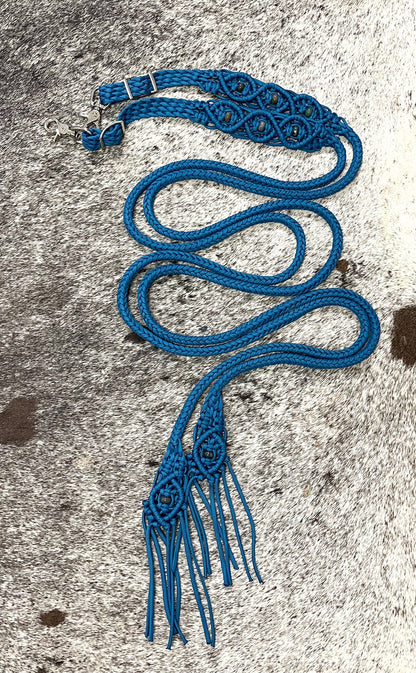 Fancy braided split reins in Carribean blue with agate  gemstones...beautiful yet practical - Tiffanys Braided Tack LLC