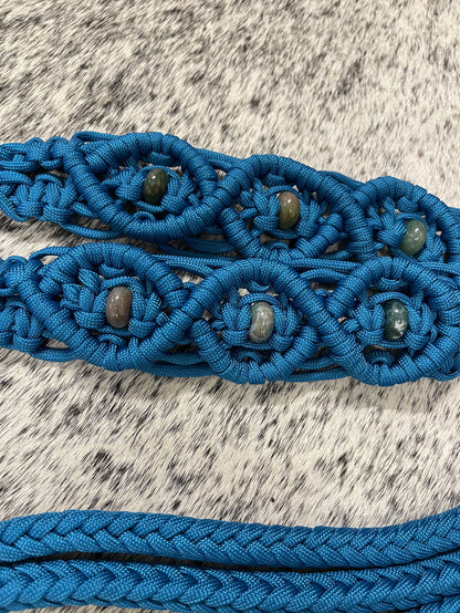 Fancy braided split reins in Carribean blue with agate  gemstones...beautiful yet practical - Tiffanys Braided Tack LLC