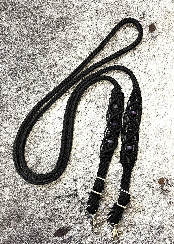 8' Fancy  braided loop reins black with amethyst - Tiffanys Braided Tack LLC