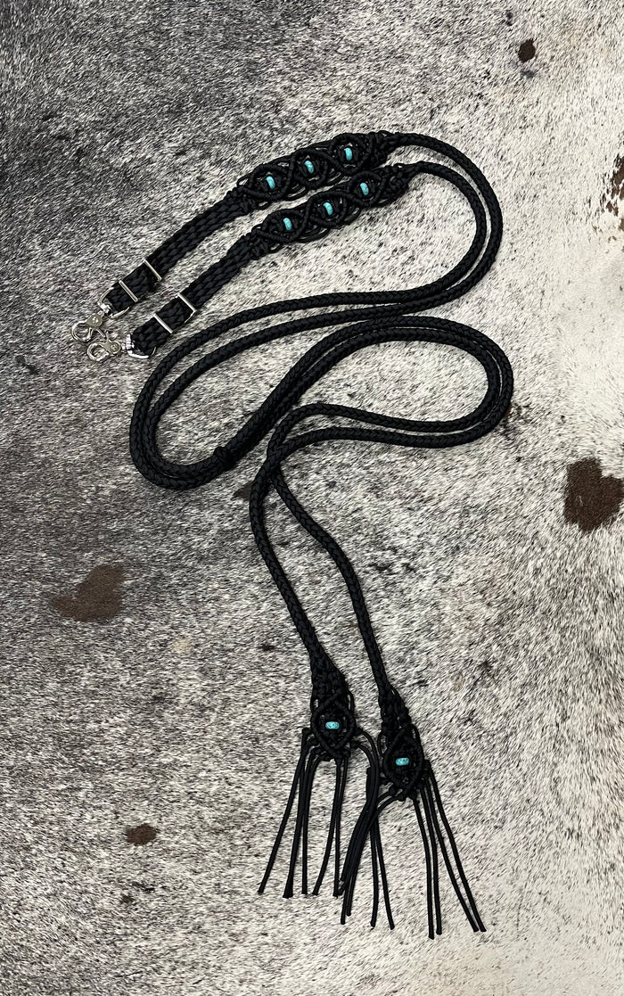 Fancy braided split reins in black with turquoise howlite gemstones...beautiful yet practical - Tiffanys Braided Tack LLC
