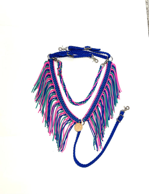 Electric blue hot pink and green turquoise fringe breast collar with a wither strap - Tiffanys Braided Tack LLC