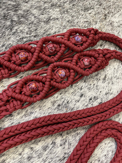 Fancy braided split reins in crimson with European painted glass beads...beautiful yet practical - Tiffanys Braided Tack LLC