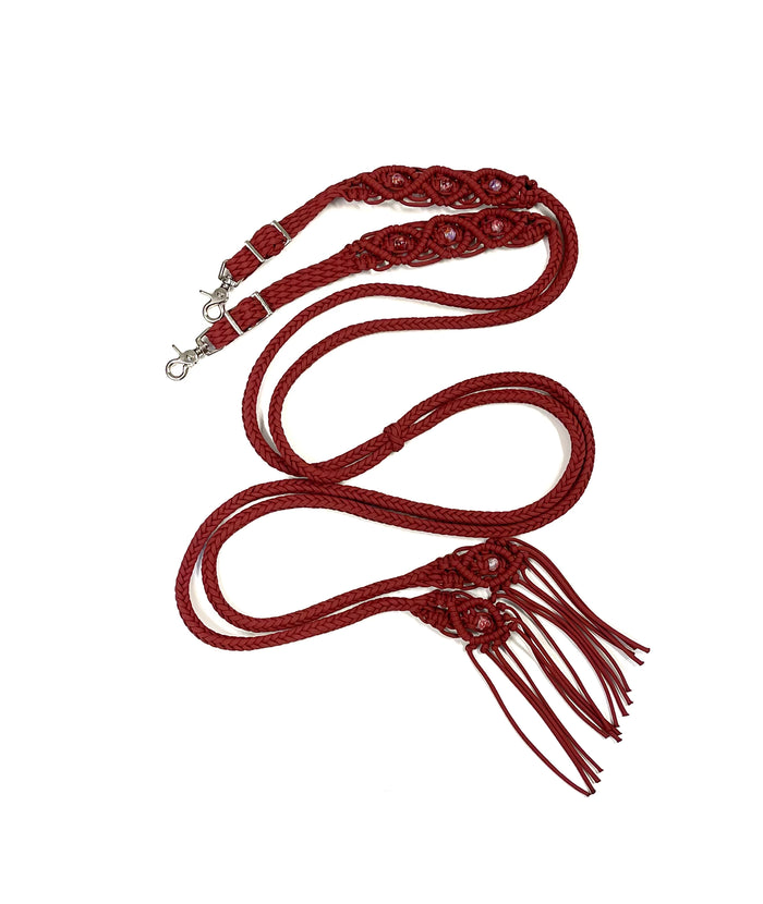 Fancy braided split reins in crimson with European painted glass beads...beautiful yet practical - Tiffanys Braided Tack LLC