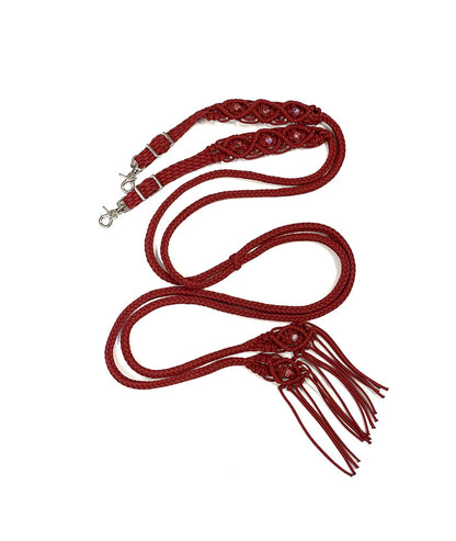 Fancy braided split reins in crimson with European painted glass beads...beautiful yet practical - Tiffanys Braided Tack LLC