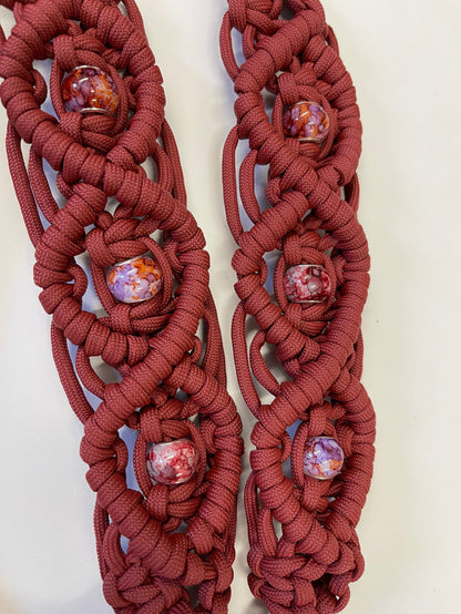Fancy braided split reins in crimson with European painted glass beads...beautiful yet practical - Tiffanys Braided Tack LLC