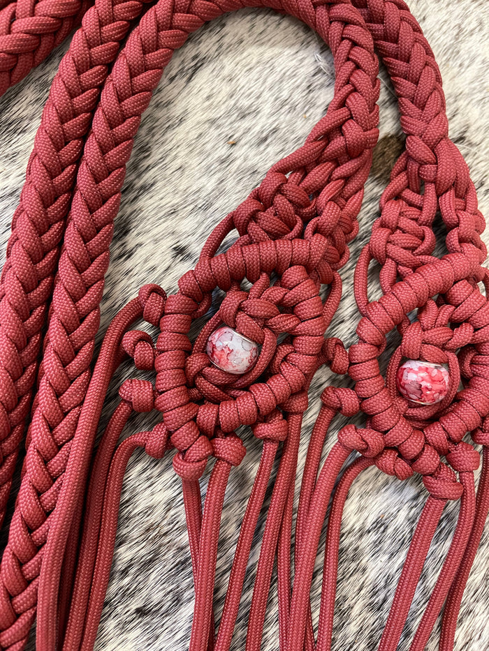 Fancy braided split reins in crimson with European painted glass beads...beautiful yet practical - Tiffanys Braided Tack LLC