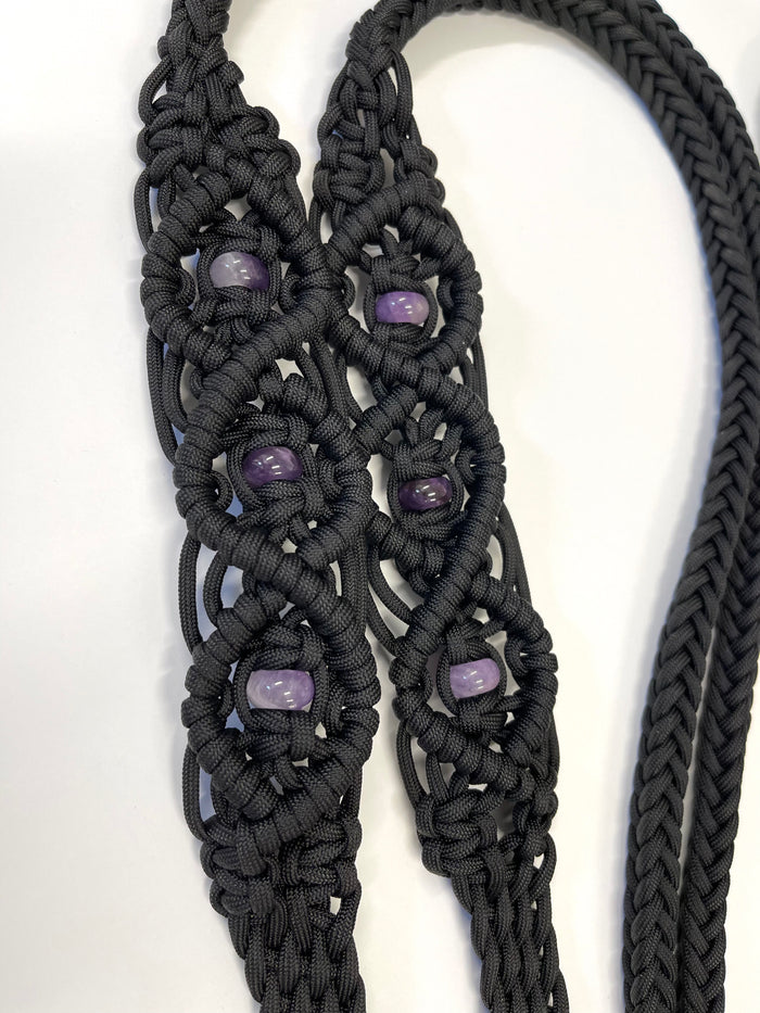 8' Fancy  braided loop reins black with amethyst - Tiffanys Braided Tack LLC
