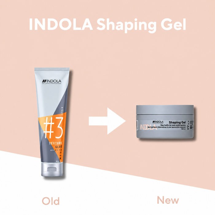Indola Shaping Gel 100ml old tube packaging with arrow pointing to new packaging in grey tub