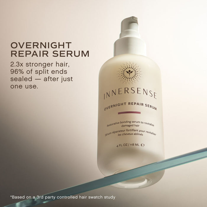 A bottle of Innersense Overnight Repair Serum displayed on a glass shelf against a warm beige background, with product text on the left.