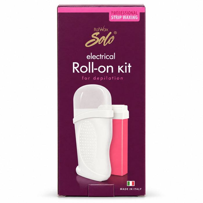 Italwax Solo Electrical Roll-On Home Waxing Kit retail box featuring the electric roll-on wax heater and wax cartridge on a clean white background for convenient at-home depilation