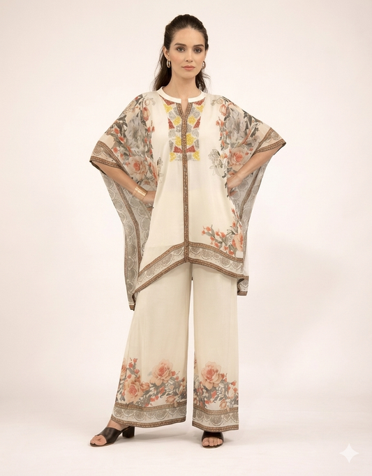 Ivory floral printed kaftan co-ord set with delicate patterns and flowy fit