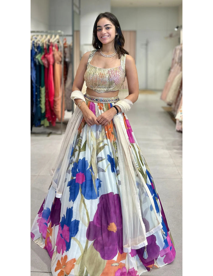 Ivory Lumina Garden embroidered designer lehenga set for wedding wear in Singapore