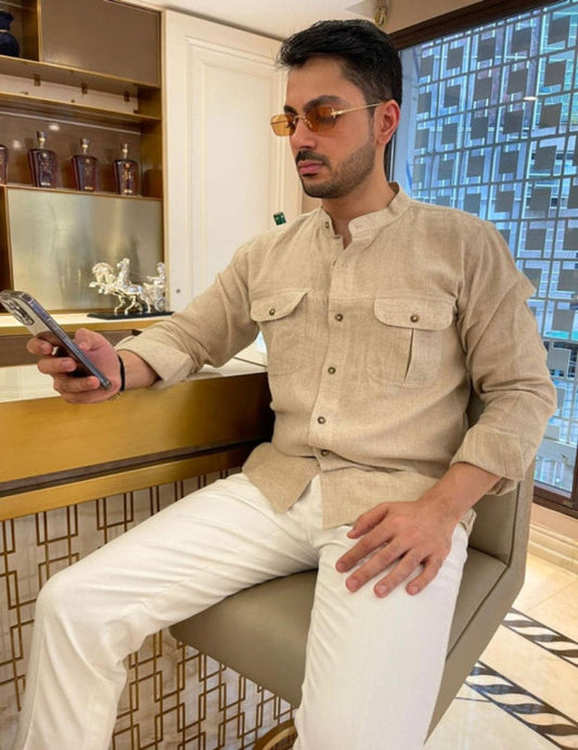 Jackson Formal Cream Linen Shirt With Double Pockets