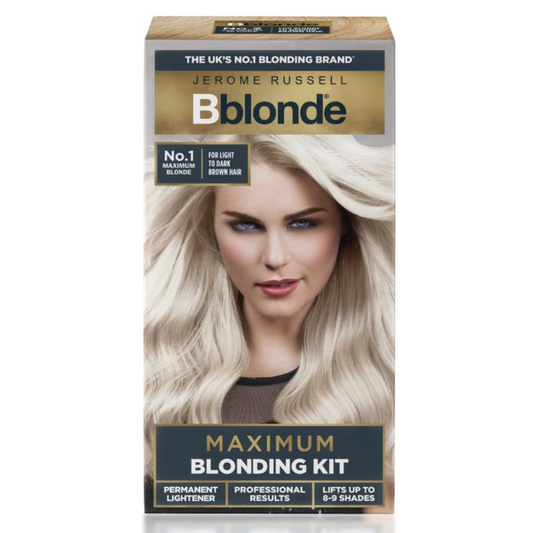 Jerome Russell Bblonde Maximum Blonding Kit no.1 for light to dark brown hair retail box packaging on a clean white background