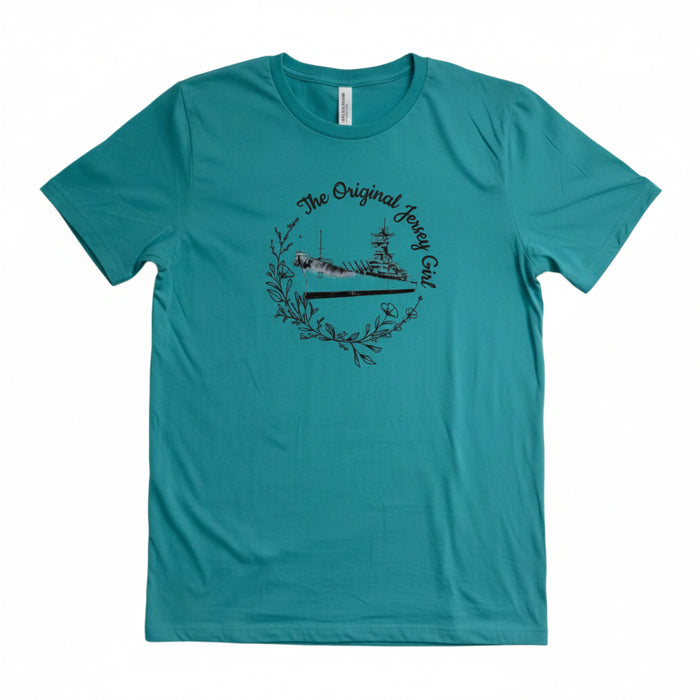 A green t-shirt with a graphic print of the Battleship New Jersey and the text 'The Original Jersey Girl'.