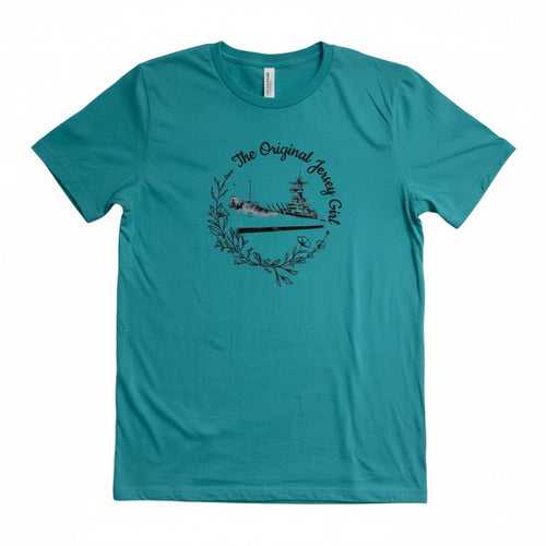 A green t-shirt with a graphic print of the Battleship New Jersey and the text 'The Original Jersey Girl'.