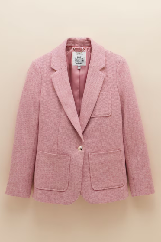 This Joules Albury Pink Herringbone Jersey Tweed Blazer pink cotton rich blazer is one of those pieces that instantly pulls an outfit together. Shop Joules at Dotique.