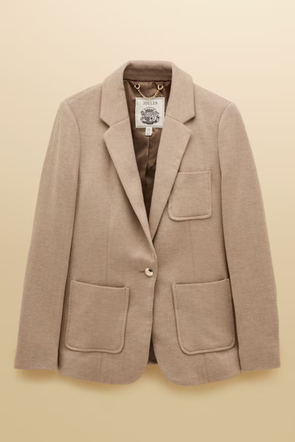 Discover the Joules Albury cotton-rich blazer — a relaxed yet tailored layer with soft jersey tweed, front pockets and subtle embroidered detail, perfect for effortless everyday style.